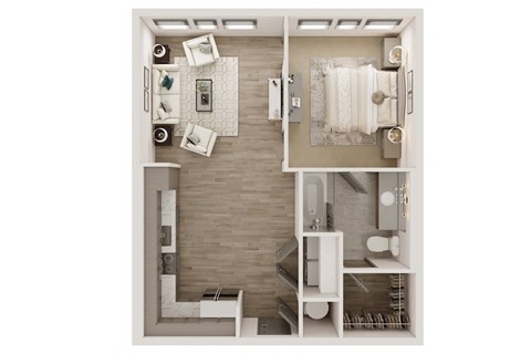 a stylized floor plan with a bedroom and a bathroom